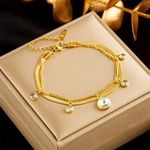 LOVCIA Gold Plated Stainless Steel Crystal Charm Chain Bracelet for Women - Party Bracelet Jewelry for Women-Bracelets-LOVCIA