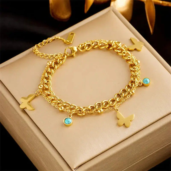 LOVCIA Gold Plated Stainless Steel Golden Butterfly Charm Chain Bracelet for Women - Party Bracelet Jewelry for Women-Bracelets-LOVCIA