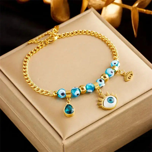 LOVCIA Gold Plated Stainless Steel Mystic Eye Charms Chain Bracelet for Women - Party Bracelet Jewelry for Women-Bracelets-LOVCIA