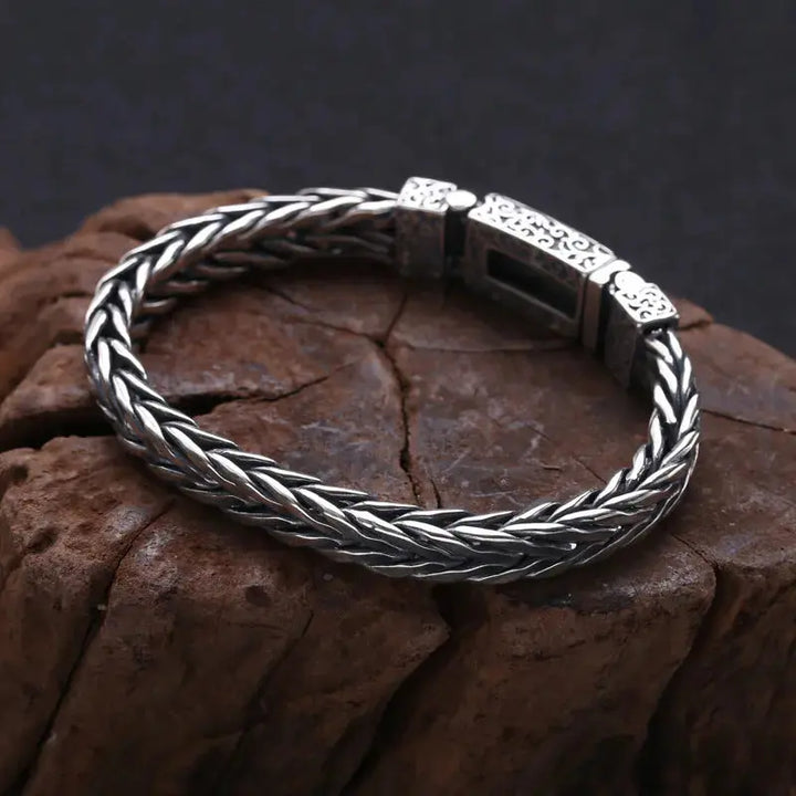 LOVCIA Men's Sterling Silver Bracelet in Vintage Style Braided Pattern - Handcrafted Unique Men's Bracelet Design-Bracelets-LOVCIA