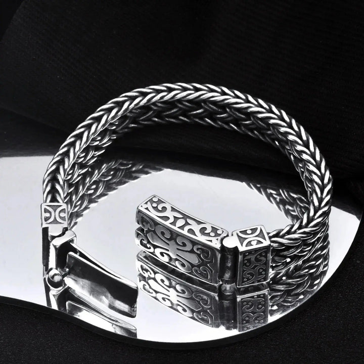 LOVCIA Vintage Thick Ring Buckle Interlock Braided Sterling Silver Bracelet for Men-Bracelets-LOVCIA