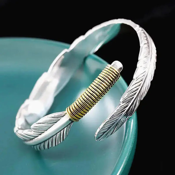 LOVCIA Feather Cuff Bracelet with Silver & Gold Plating for Men - Unique Handcrafted Bangle-Bracelets-LOVCIA