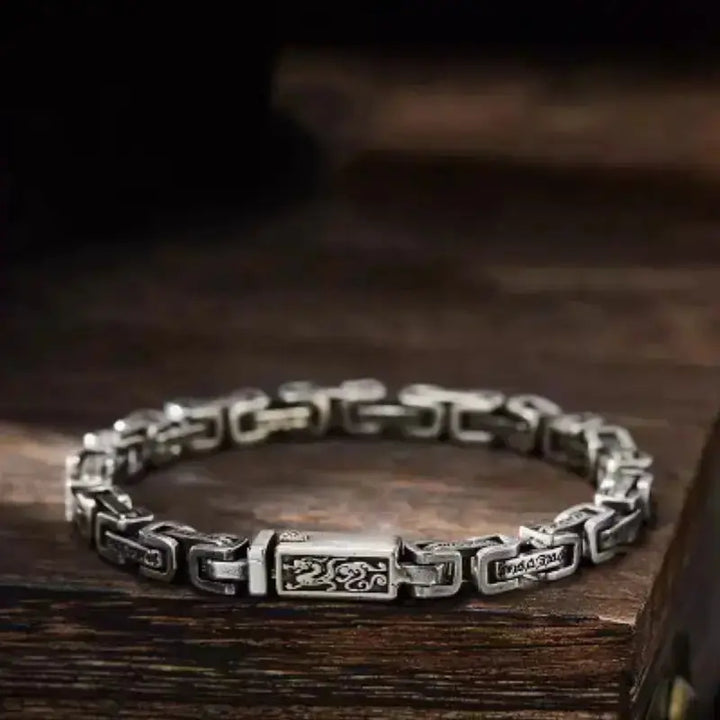 LOVCIA Men's Sterling Silver Dragon Pattern Link Bracelet - Vintage Style Durable Men's Bracelet-Bracelets-LOVCIA