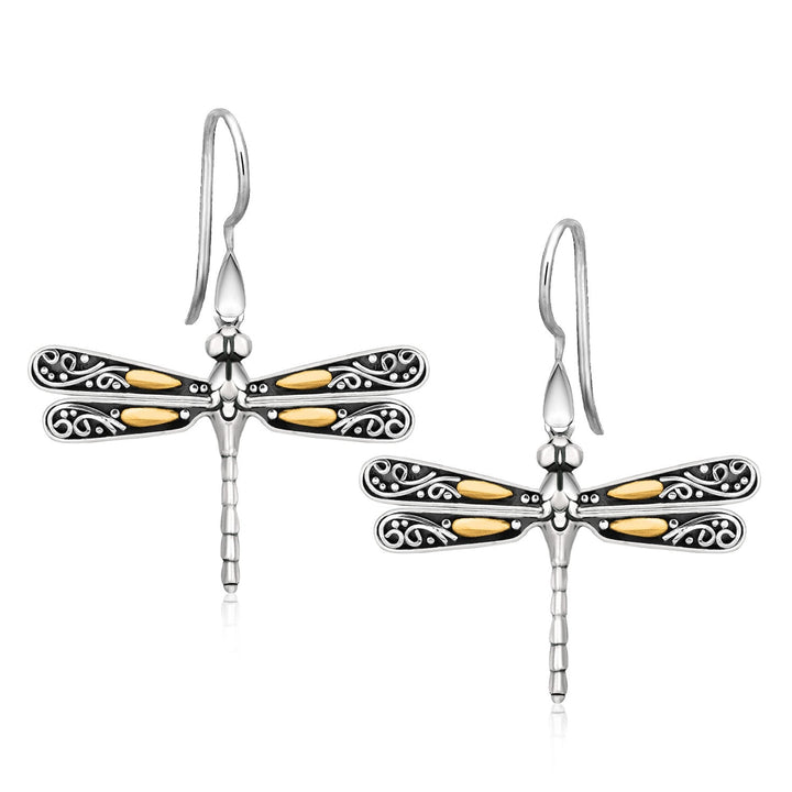 LOVCIA Premium 18k Gold and Sterling Silver Dragonfly Drop Earrings with French Wire Backings