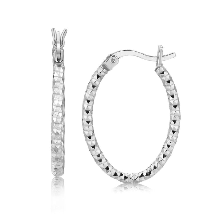 LOVCIA Premium Rhodium-Plated Sterling Silver Diamond-Cut Oval Hoop Earrings