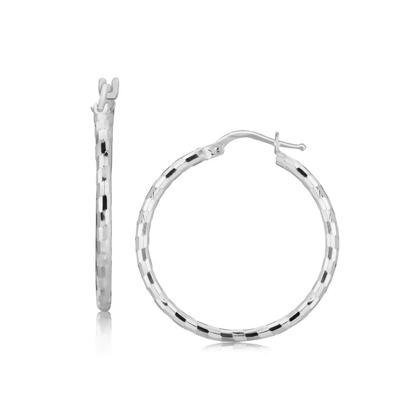 LOVCIA Premium Elegant Spiral Diamond Cut Sterling Silver Hoop Earrings with Rhodium Finish