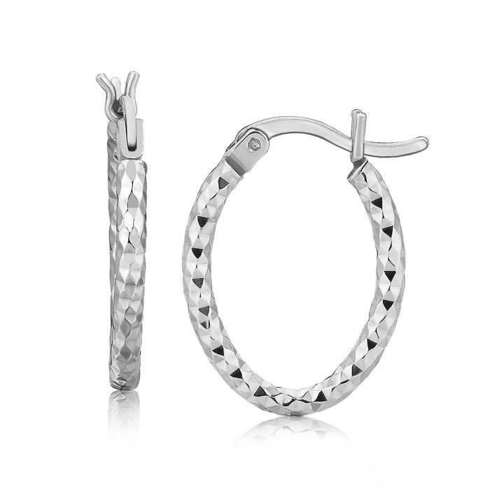 LOVCIA Premium Elegant Rhodium-Plated Sterling Silver Diamond-Cut Oval Hoop Earrings