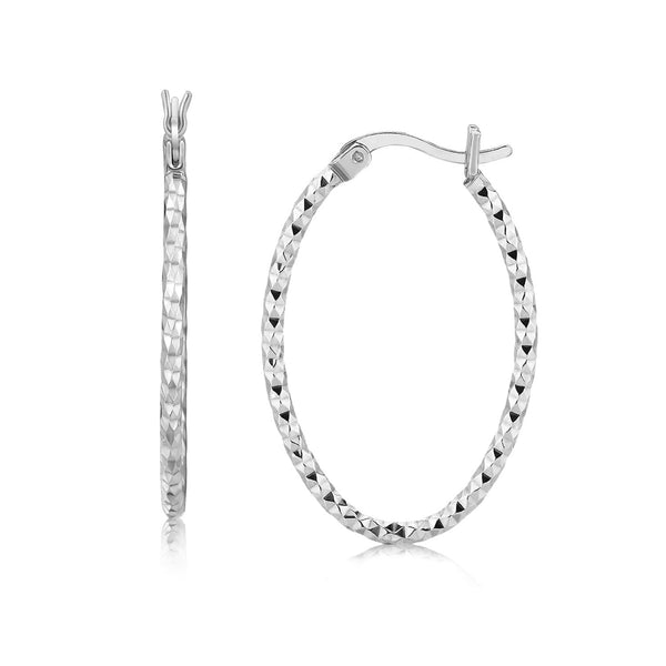 LOVCIA Premium Rhodium Plated Sterling Silver Diamond Cut Textured Oval Hoop Earrings