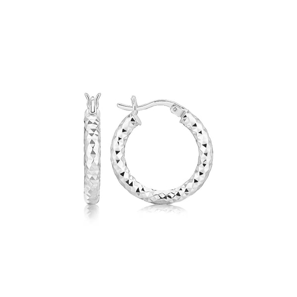 LOVCIA Premium Rhodium Plated Sterling Silver Faceted Hoop Earrings with Snapbacks