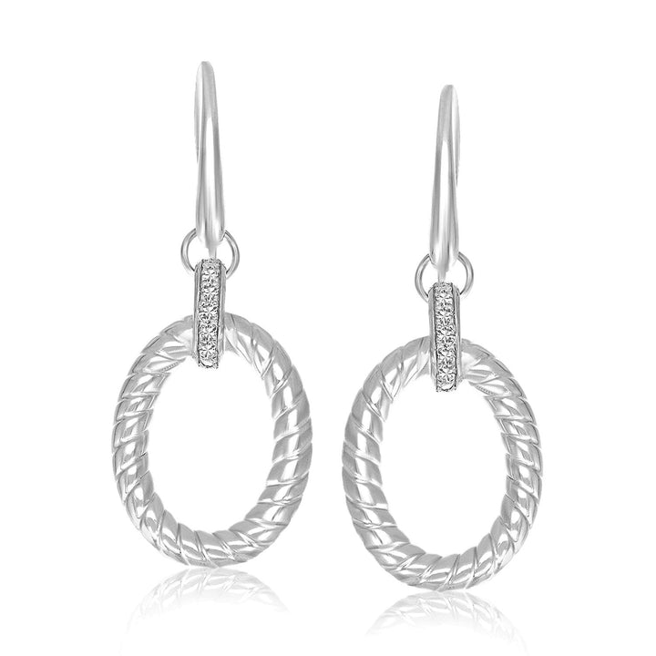 LOVCIA Premium Elegant Sterling Silver Diamond-Accented Oval Rope Drop Earrings with Rhodium Finish