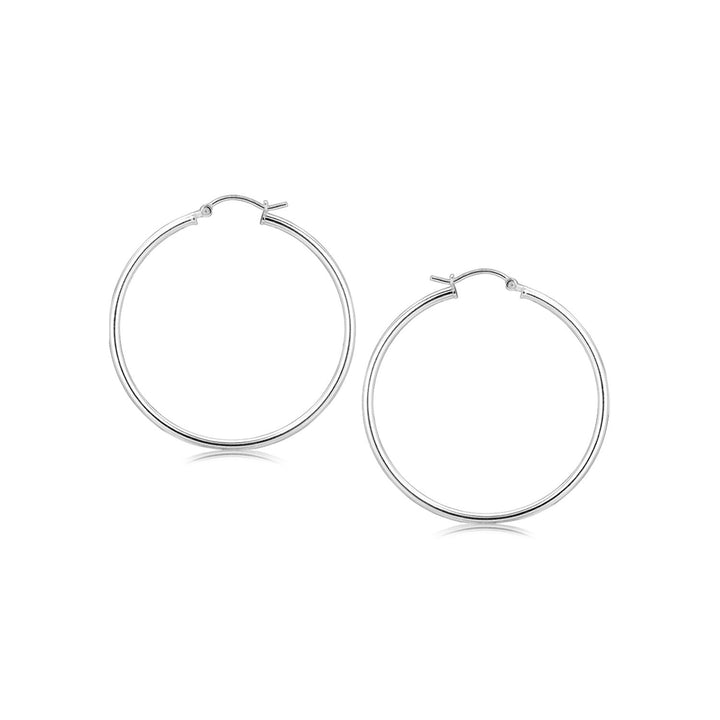 LOVCIA Premium Elegant 40mm Sterling Silver Rhodium Plated Thin Hoop Earrings with Snap Lock