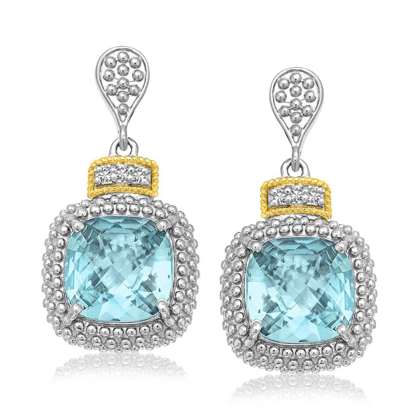 LOVCIA Premium 18k Yellow Gold & Sterling Silver Cushion-Cut Sky Blue Topaz & Diamond Accent Earrings