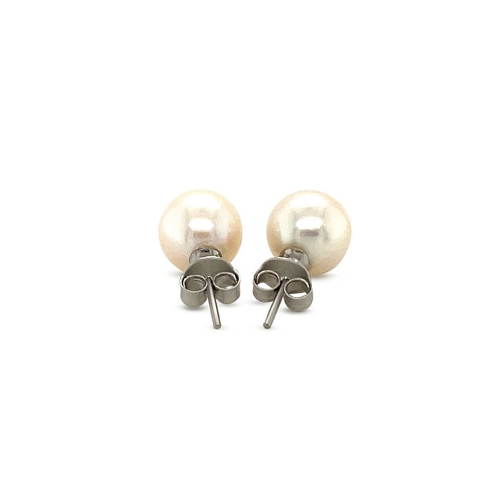 LOVCIA Premium Elegant 8mm Freshwater Pearl Earrings in Rhodium-Plated Sterling Silver