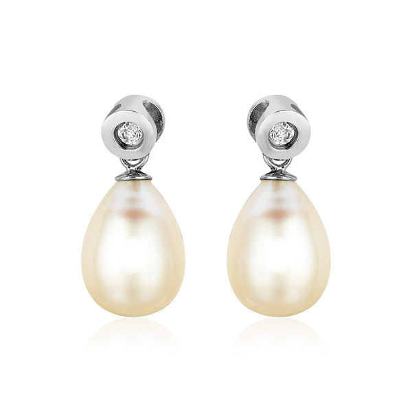 LOVCIA Premium Elegant Sterling Silver and Pear Shaped Freshwater Pearl Earrings with CZ Accents