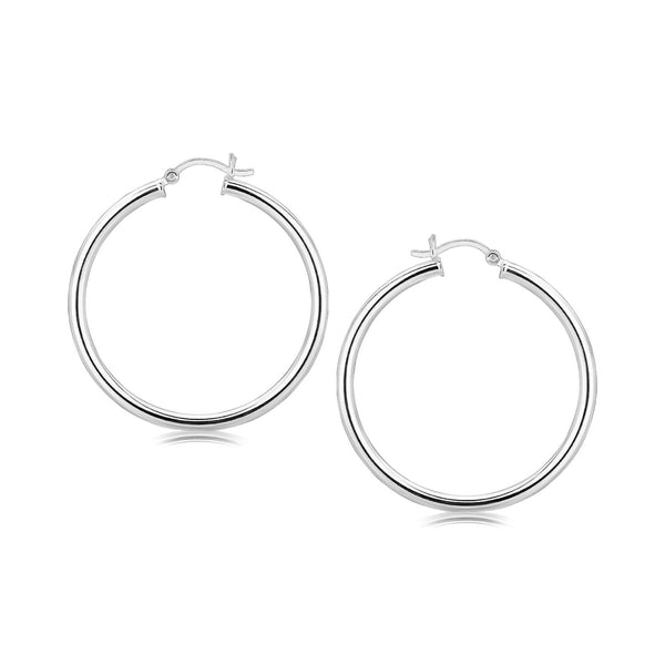 LOVCIA Premium 40mm Rhodium-Plated Sterling Silver Classic Polished Hoops with Snap Lock