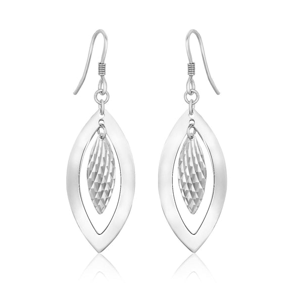 LOVCIA Premium Elegant Sterling Silver French Wire Earrings with Dual Textured and Smooth Marquis Design