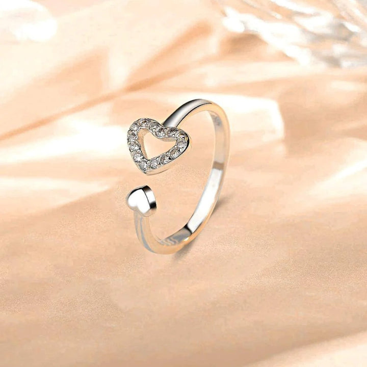 LOVCIA Jewelry Heart-Shaped Adjustable Ring in 925 Sterling Silver with Inlaid Zircon for Women