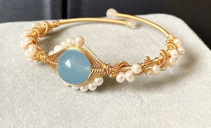 LOVCIA 14K Gold Wrapped Handmade Bracelet Hailan Baohai Sapphire Natural White Pearl Bracelet-Bracelets-LOVCIA