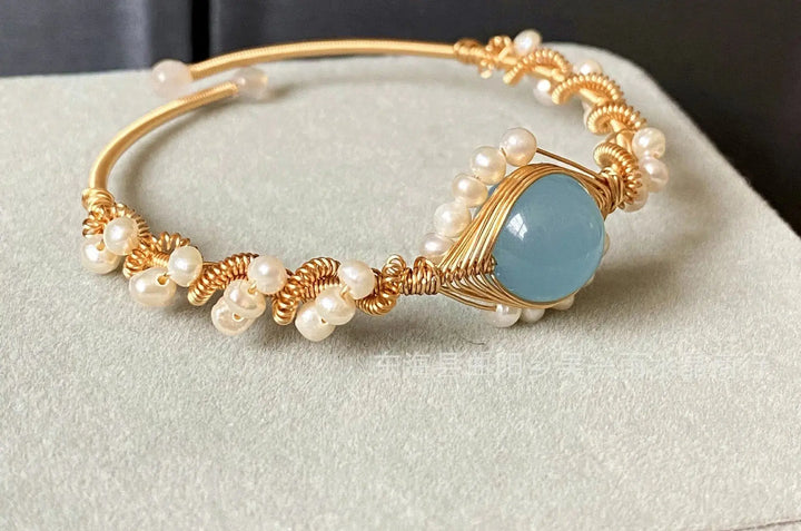 LOVCIA 14K Gold Wrapped Handmade Bracelet Hailan Baohai Sapphire Natural White Pearl Bracelet-Bracelets-LOVCIA