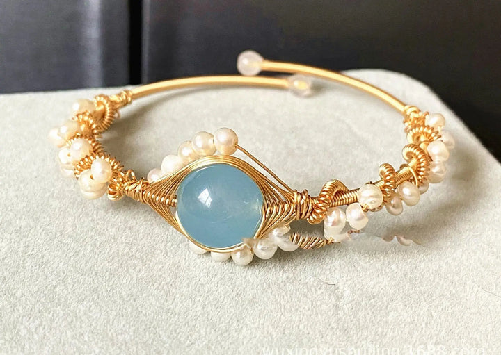 LOVCIA 14K Gold Wrapped Handmade Bracelet Hailan Baohai Sapphire Natural White Pearl Bracelet-Bracelets-LOVCIA