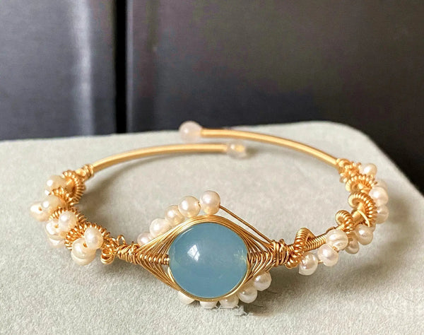 LOVCIA 14K Gold Wrapped Handmade Bracelet Hailan Baohai Sapphire Natural White Pearl Bracelet-Bracelets-LOVCIA