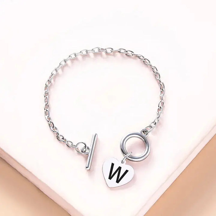 LOVCIA Silver Color Link Chain OT Buckle Clasp Bracelet 26 Initial Letter Heart Charms Bracelets For Women Girls-Bracelets-LOVCIA