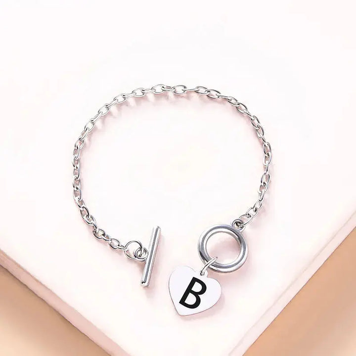 LOVCIA Silver Color Link Chain OT Buckle Clasp Bracelet 26 Initial Letter Heart Charms Bracelets For Women Girls-Bracelets-LOVCIA