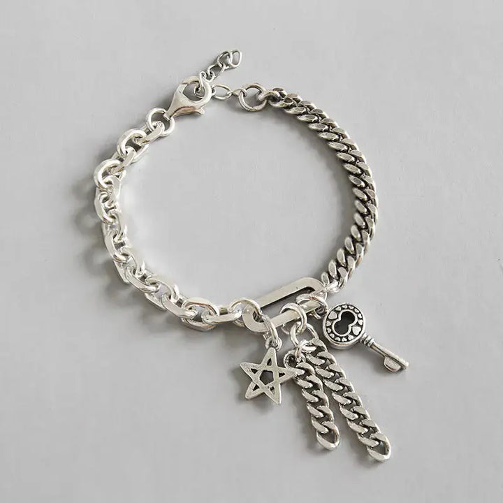 LOVCIA Asymmetry Curb Chain Hollow Star Key Tassels 925 Sterling Silver Bracelet-Bracelets-LOVCIA