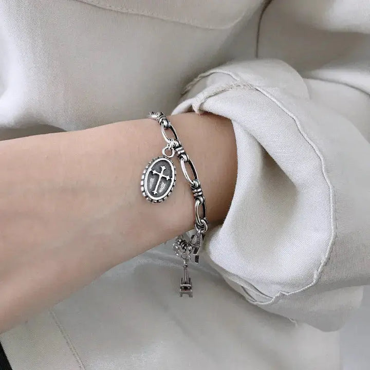 LOVCIA Vintage Cross Star Wings Eiffel Tower Shield 925 Sterling Silver Bracelet-Bracelets-LOVCIA