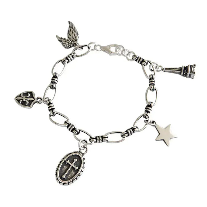 LOVCIA Vintage Cross Star Wings Eiffel Tower Shield 925 Sterling Silver Bracelet-Bracelets-LOVCIA