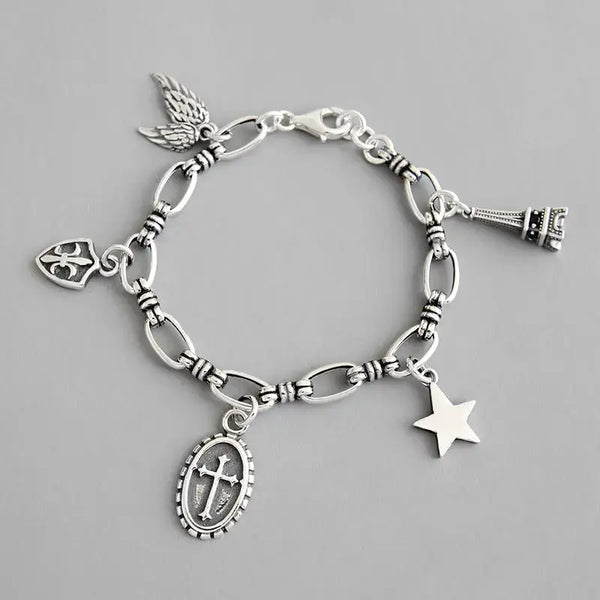 LOVCIA Vintage Cross Star Wings Eiffel Tower Shield 925 Sterling Silver Bracelet-Bracelets-LOVCIA