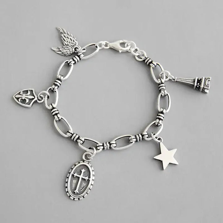 LOVCIA Vintage Cross Star Wings Eiffel Tower Shield 925 Sterling Silver Bracelet-Bracelets-LOVCIA