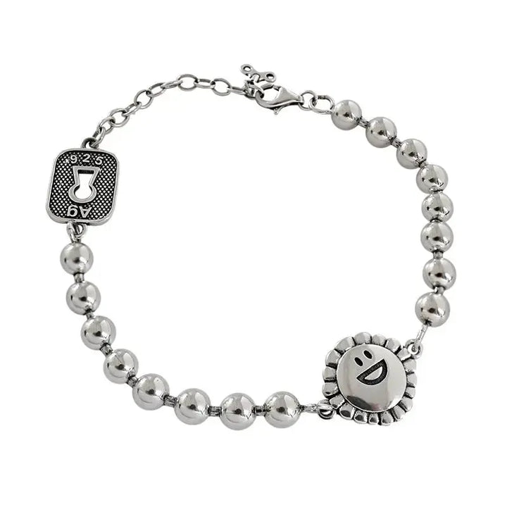 LOVCIA Vintage Cute Smile Sunflower Bead Chain 925 Sterling Silver Bracelet-Bracelets-LOVCIA