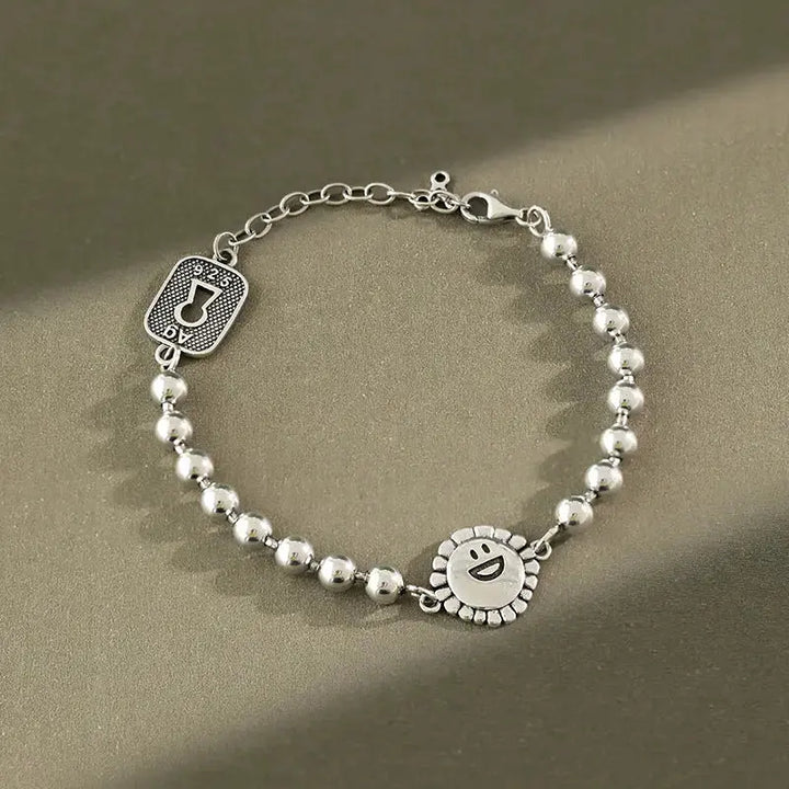 LOVCIA Vintage Cute Smile Sunflower Bead Chain 925 Sterling Silver Bracelet-Bracelets-LOVCIA