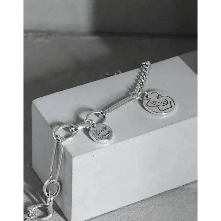 LOVCIA Asymmetry Curb Paperclip Chain Portrait Vintage 925 Sterling Silver Bracelet-Bracelets-LOVCIA