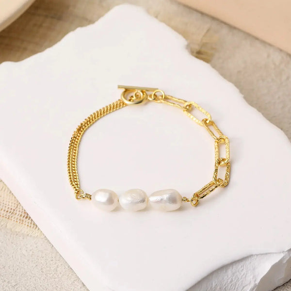 LOVCIA Asymmetry Hollow Chain Baroque Natural Pearl 925 Sterling Silver Bracelet-Bracelets-LOVCIA