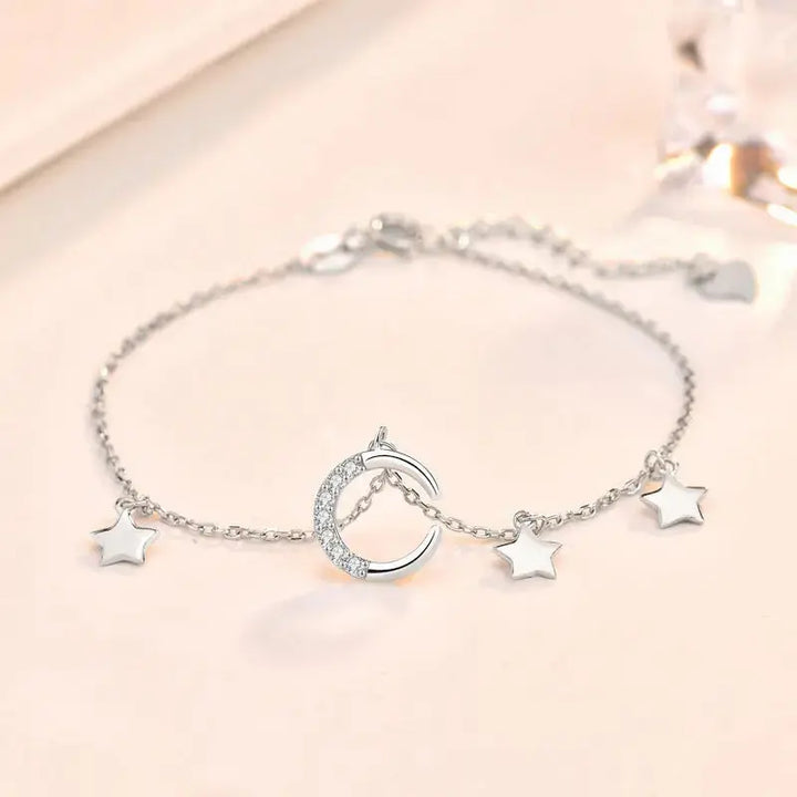 LOVCIA Friends' CZ Crescent Moon Stars 925 Sterling Silver Bracelet-Bracelets-LOVCIA