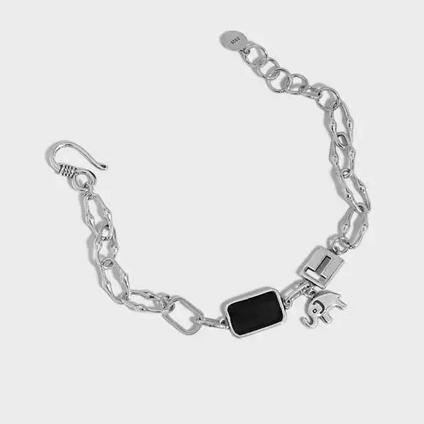 LOVCIA Vintage Black Rectangle Elephant Lock 925 Sterling Silver Bracelet-Bracelets-LOVCIA