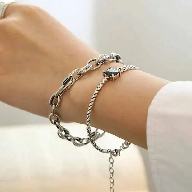 LOVCIA Vintage Twisted Chain Black CZ 925 Sterling Silver Bracelet-Bracelets-LOVCIA