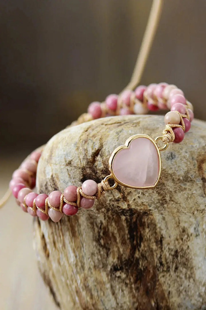 LOVCIA Rose Quartz Heart Beaded Bracelet-Bracelets-LOVCIA