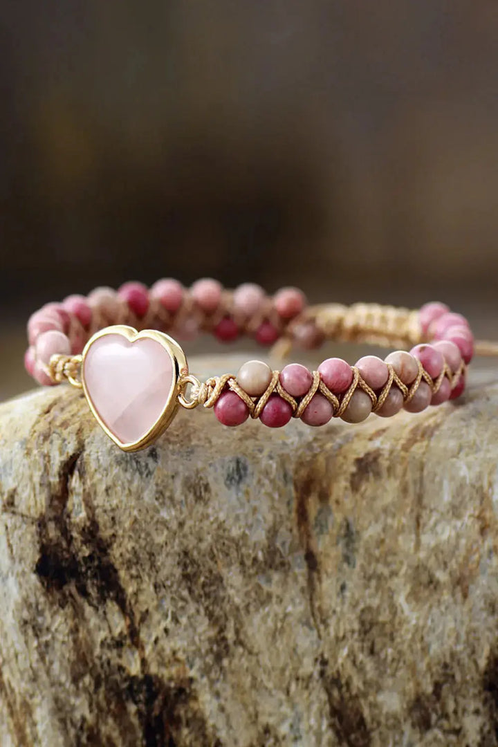 LOVCIA Rose Quartz Heart Beaded Bracelet-Bracelets-LOVCIA