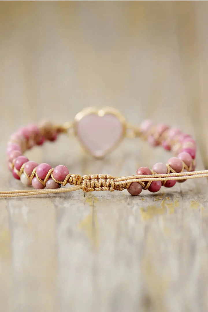 LOVCIA Rose Quartz Heart Beaded Bracelet-Bracelets-LOVCIA