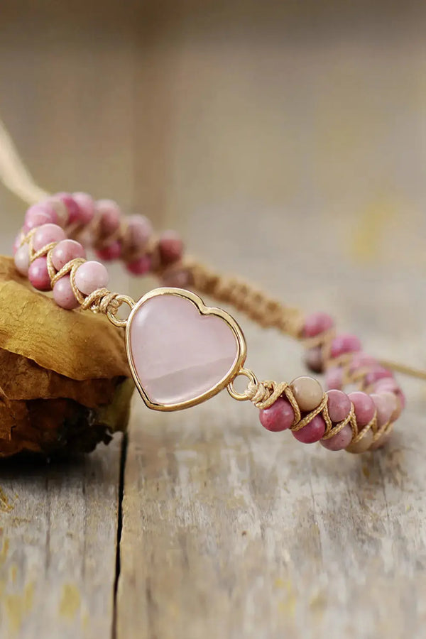 LOVCIA Rose Quartz Heart Beaded Bracelet-Bracelets-LOVCIA