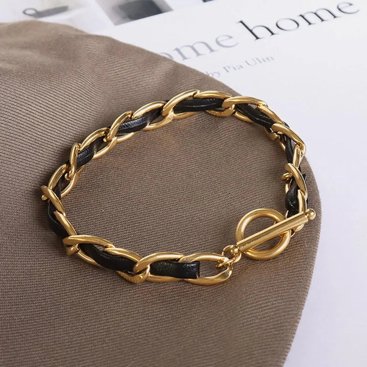 LOVCIA 18K Gold-Plated Leather Chain Bracelet-Bracelets-LOVCIA