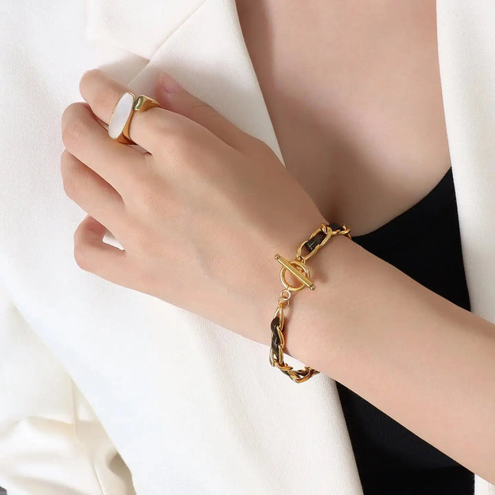 LOVCIA 18K Gold-Plated Leather Chain Bracelet-Bracelets-LOVCIA