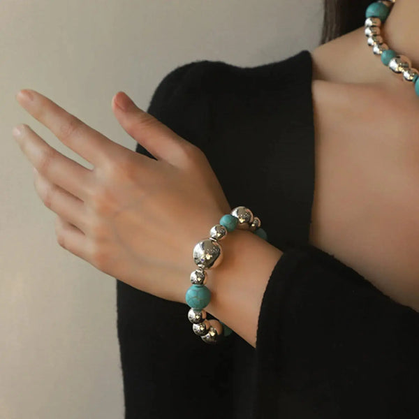 LOVCIA Artificial Turquoise Alloy Beaded Bracelet-Bracelets-LOVCIA