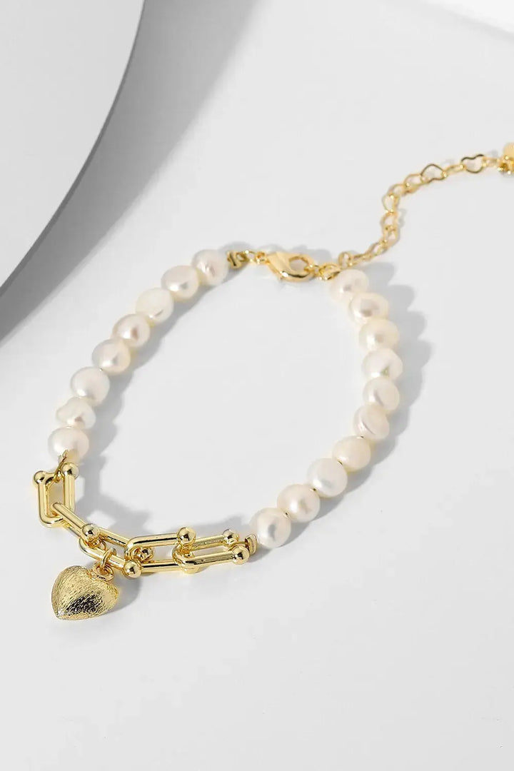 LOVCIA 14K Gold Plated Heart Charm Pearl Bracelet-Bracelets-LOVCIA