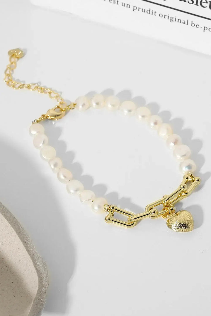 LOVCIA 14K Gold Plated Heart Charm Pearl Bracelet-Bracelets-LOVCIA