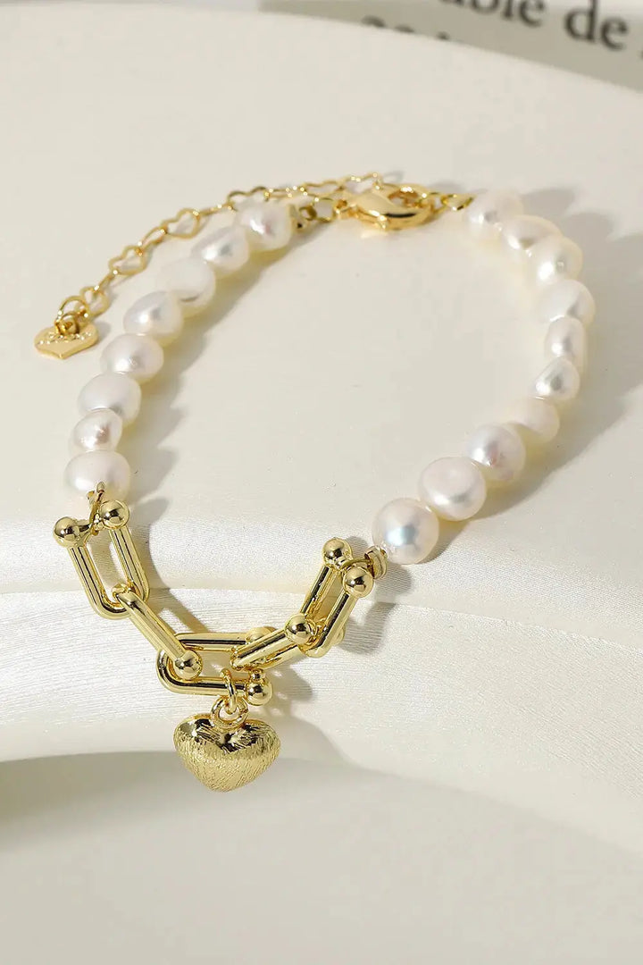 LOVCIA 14K Gold Plated Heart Charm Pearl Bracelet-Bracelets-LOVCIA