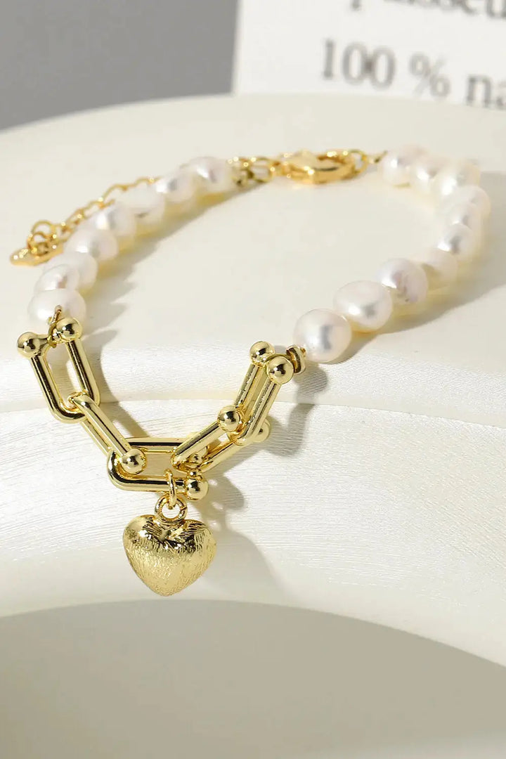 LOVCIA 14K Gold Plated Heart Charm Pearl Bracelet-Bracelets-LOVCIA